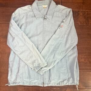 Christopher & Banks Chambray Zip Jacket Embroidered Floral Denim Utility Top - L